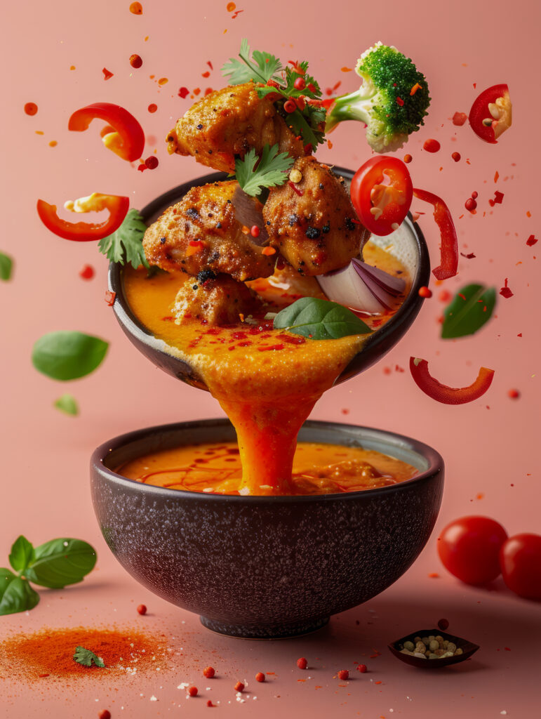 creative-levitating-chicken-dish-with-spices-vegetables-coral-background